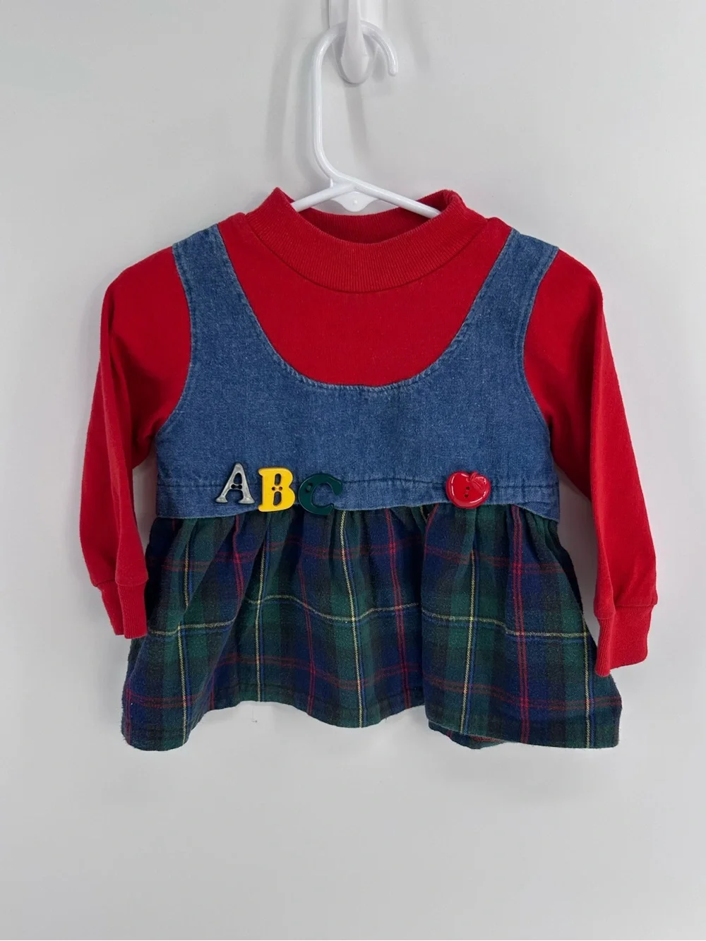 Buster Brown Vintage Babygirl Denim Shirt/Dress w/ ABC and Apple Embroidery - 2T